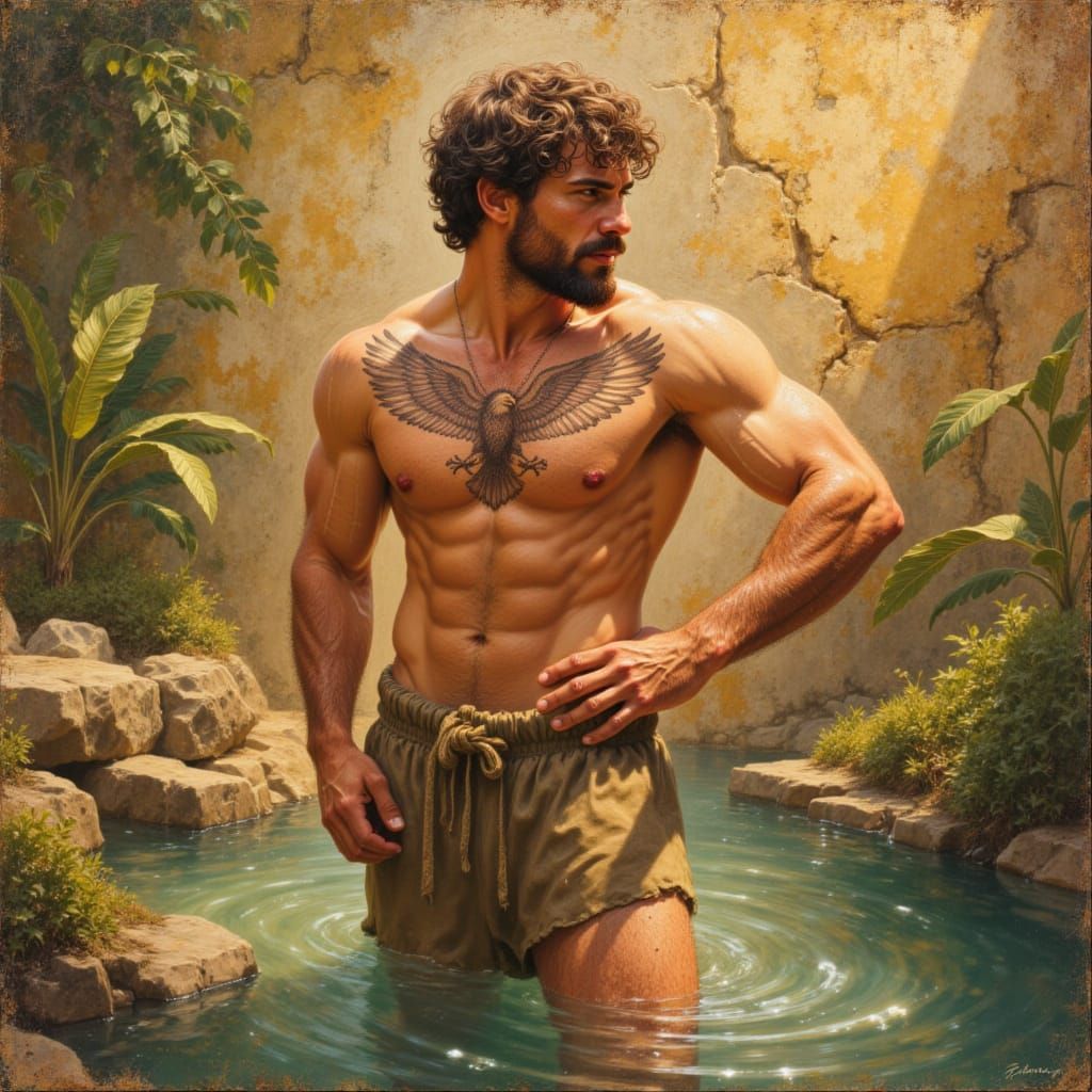 Muscular Man with Eagle Tattoo in Ancient Greek Style