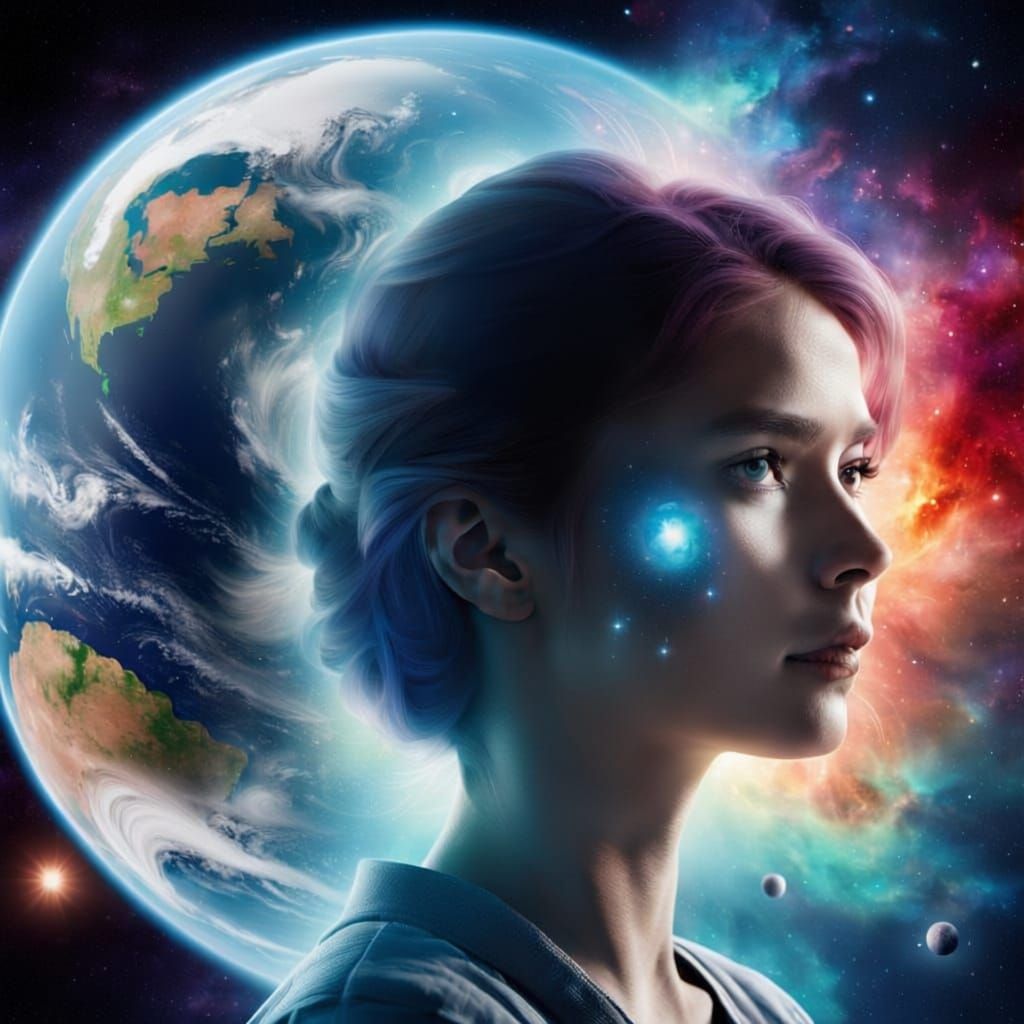 Cosmic Portrait: Woman's Face Over Nebula