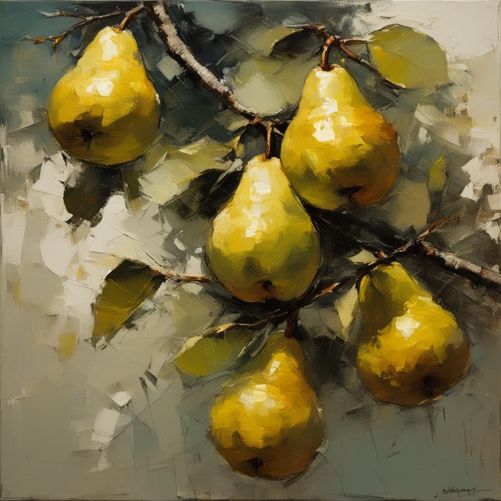 Sunlit Pear Branch Impasto Oil Painting