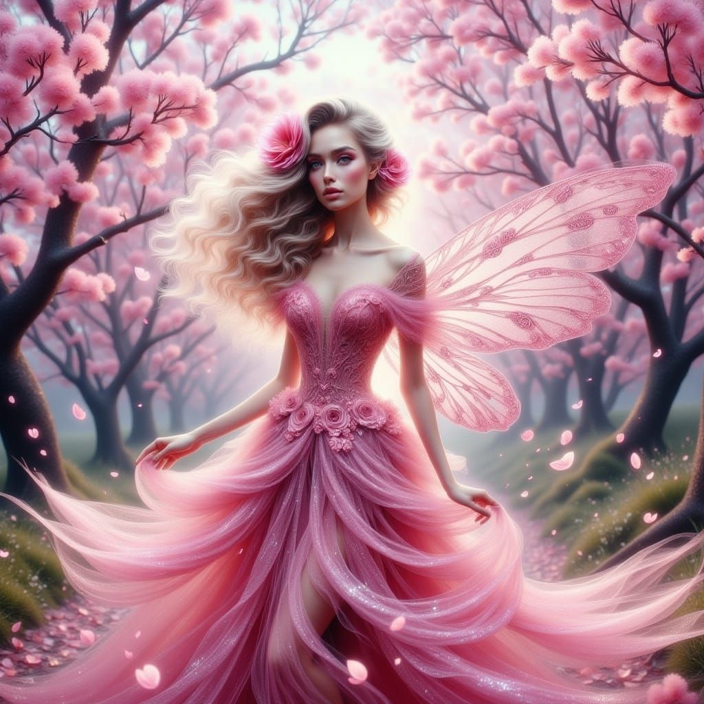 Winged Fairy in Cherry Blossoms, Fantasy Realism
