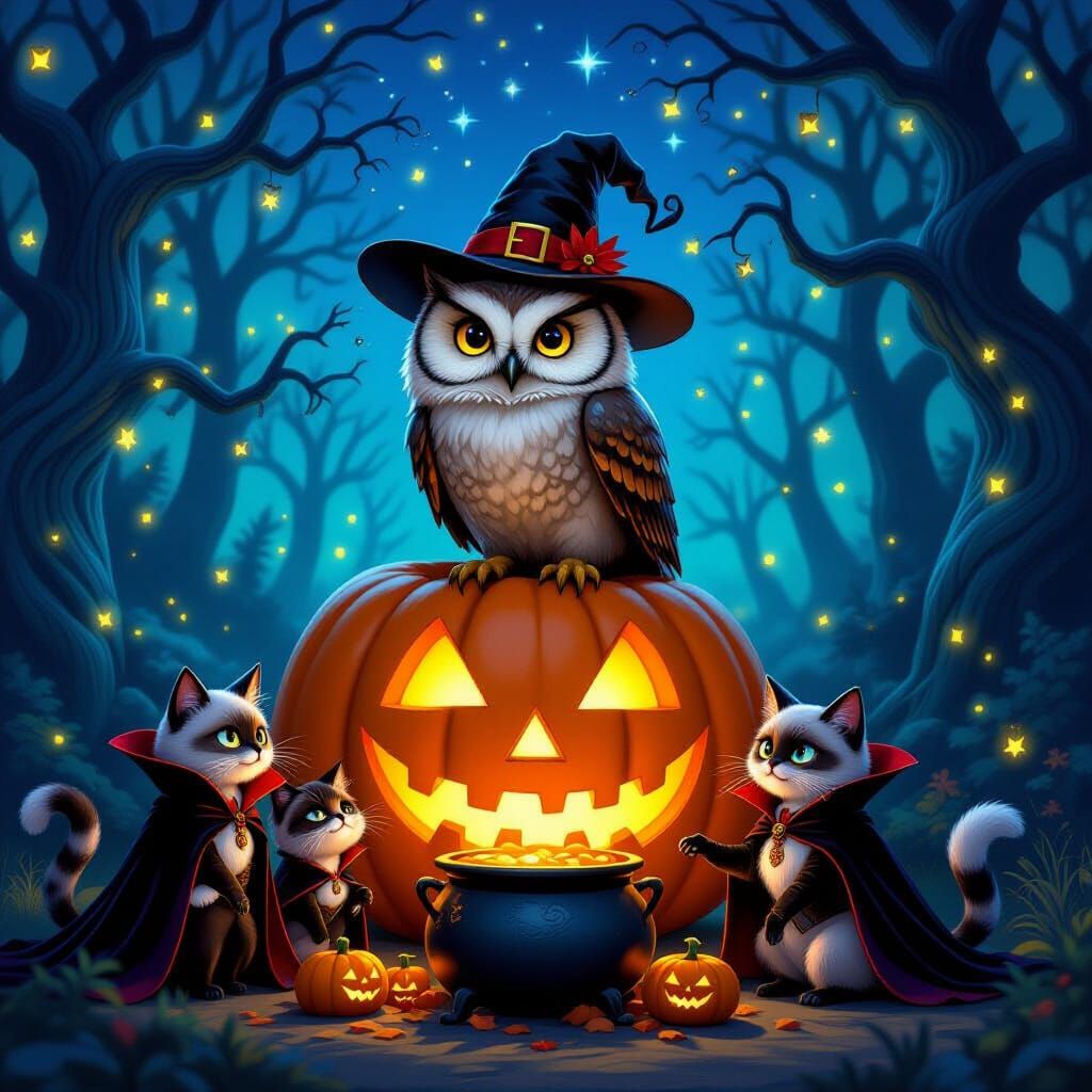 Wise Owl on Jack-o'-Lantern on Magical Halloween Night