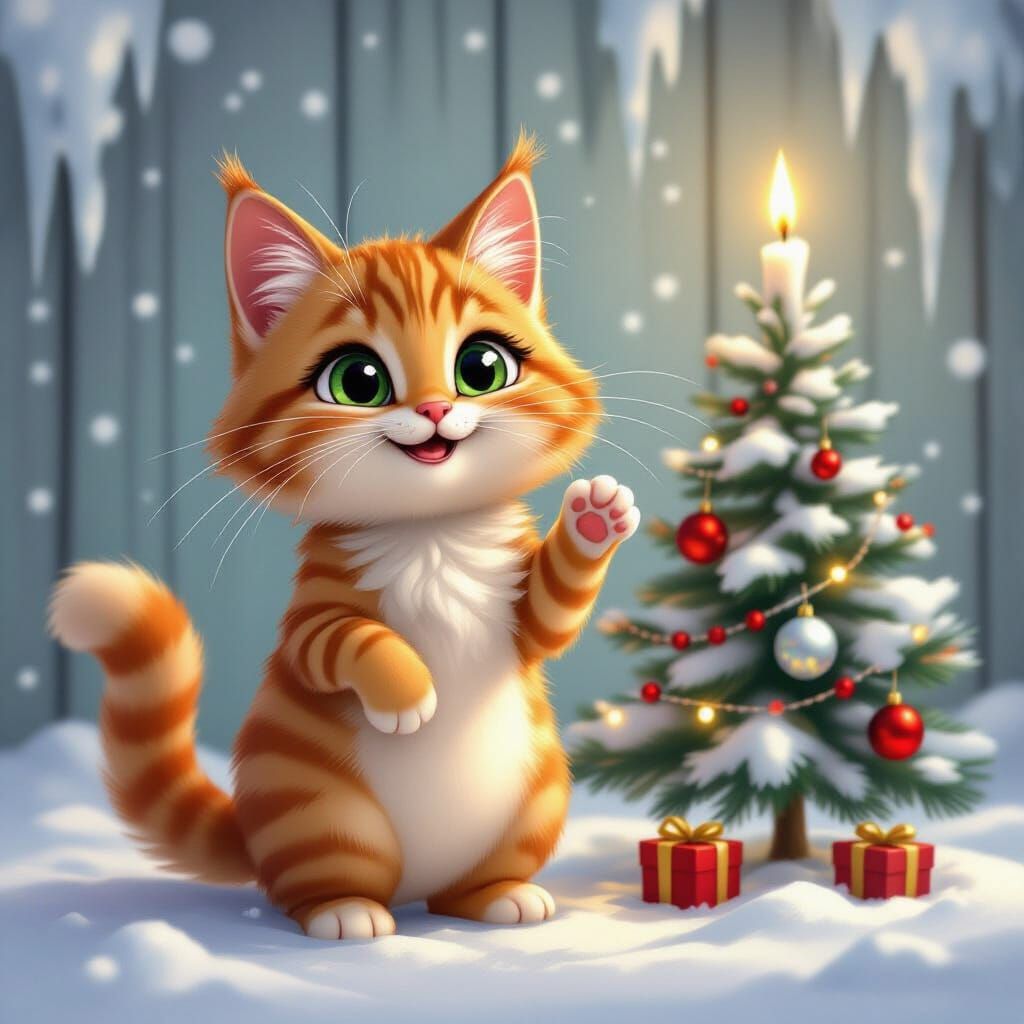 Whimsical Cat in Festive Winter Scene, Oil Painting
