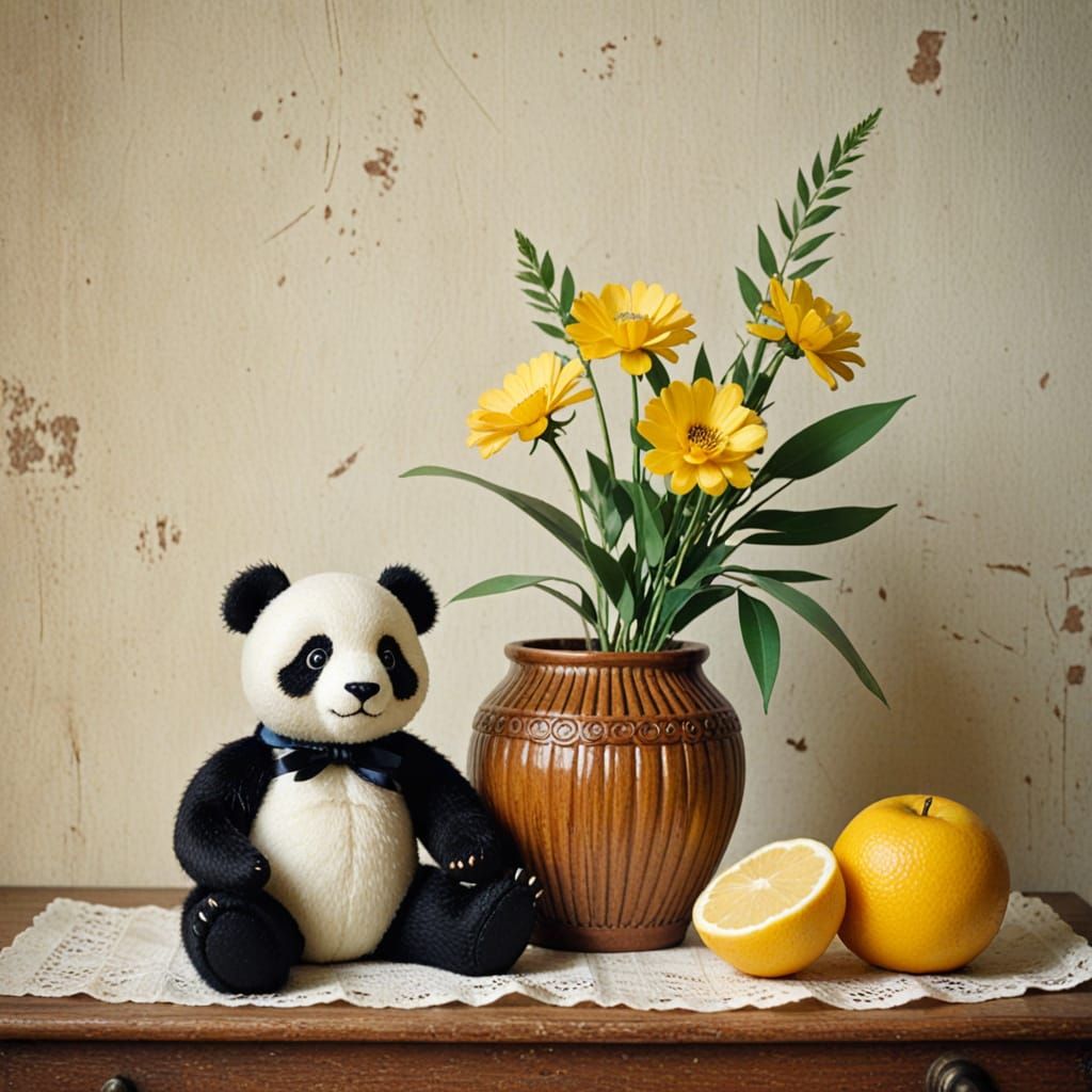 Vintage Panda and Doll Still Life