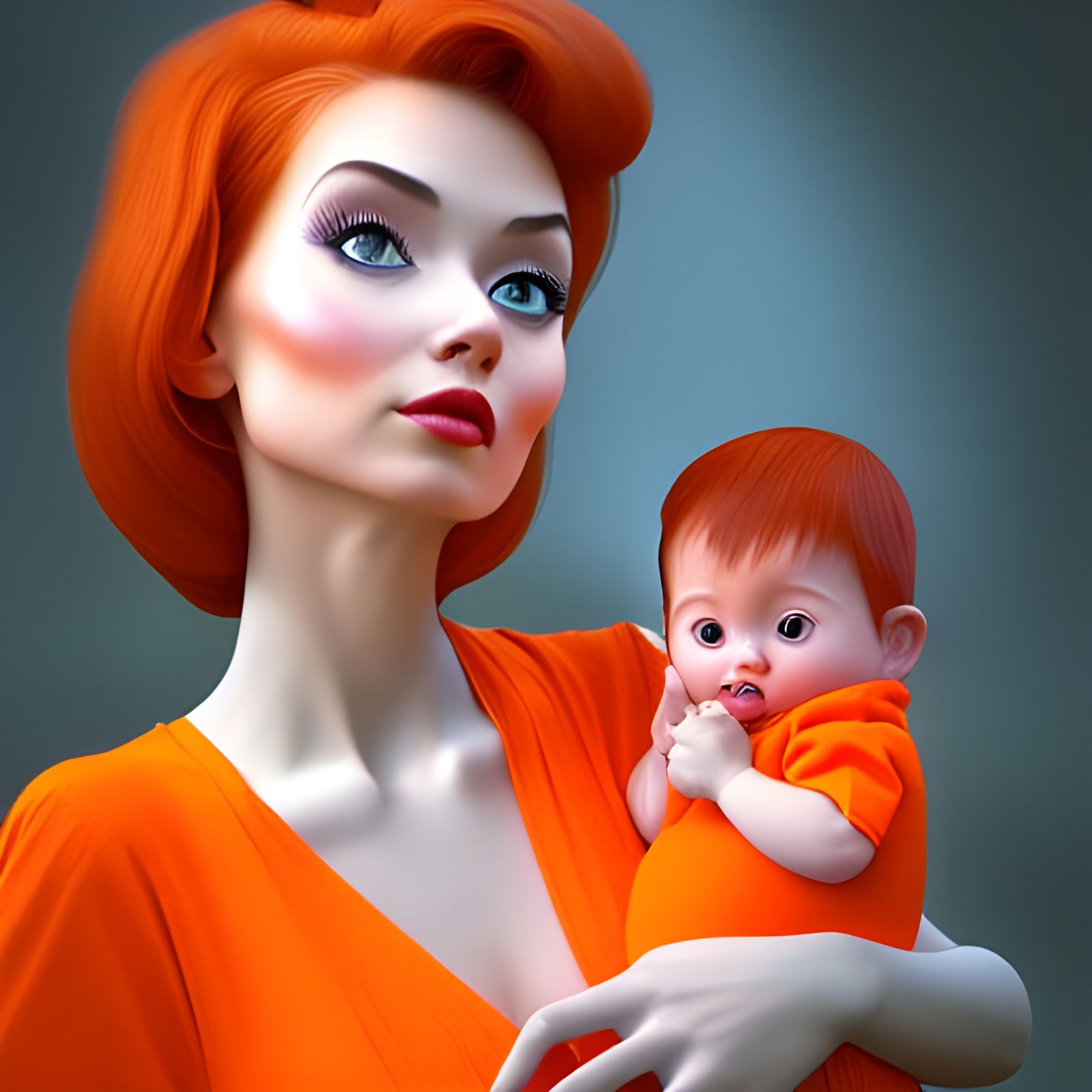 Woman and Baby in Orange, 3D Digital Art