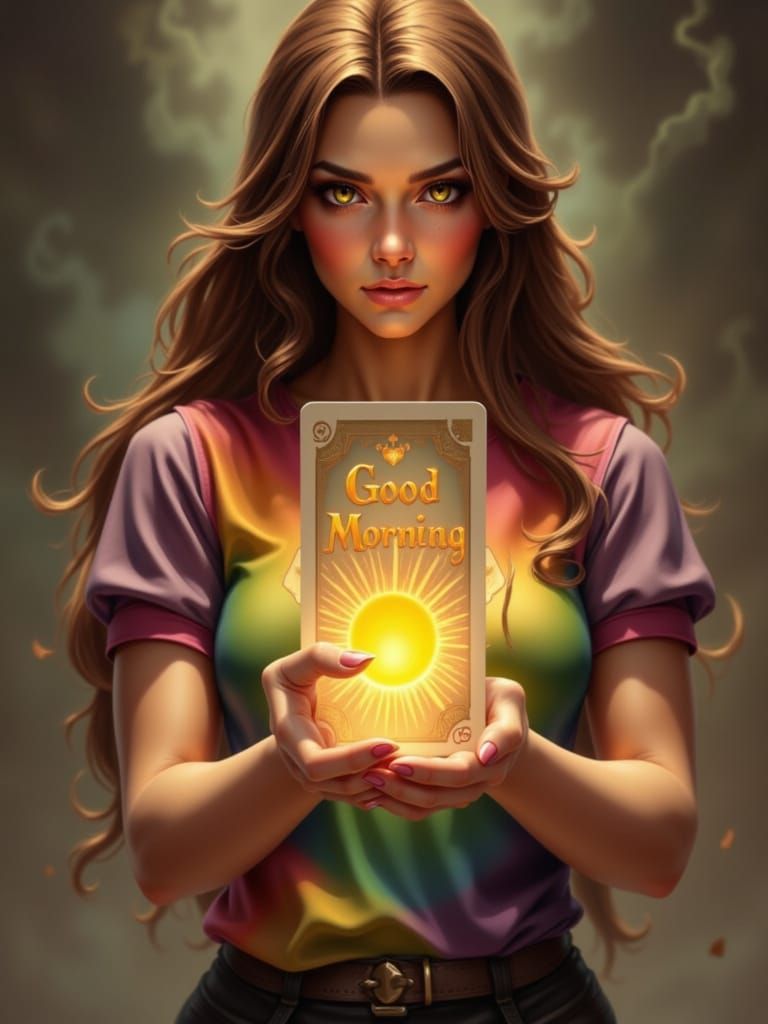 Woman Holds Sunrise Playing Card, Realistic Style