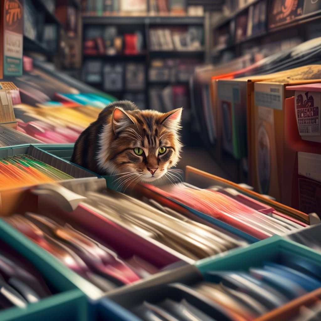 Hyperrealistic Cat Browsing Records in Store
