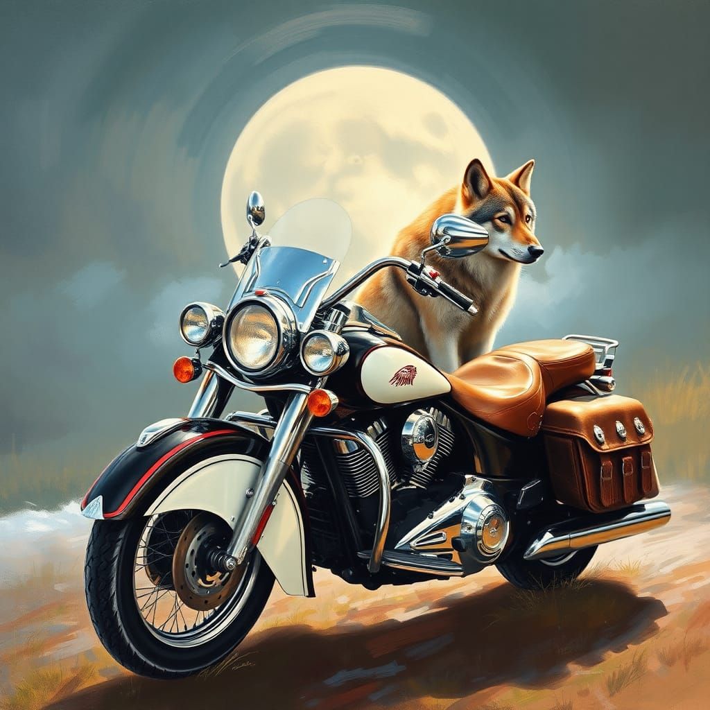 Indian Chief Motorcycle and Wolf in Oil Painting