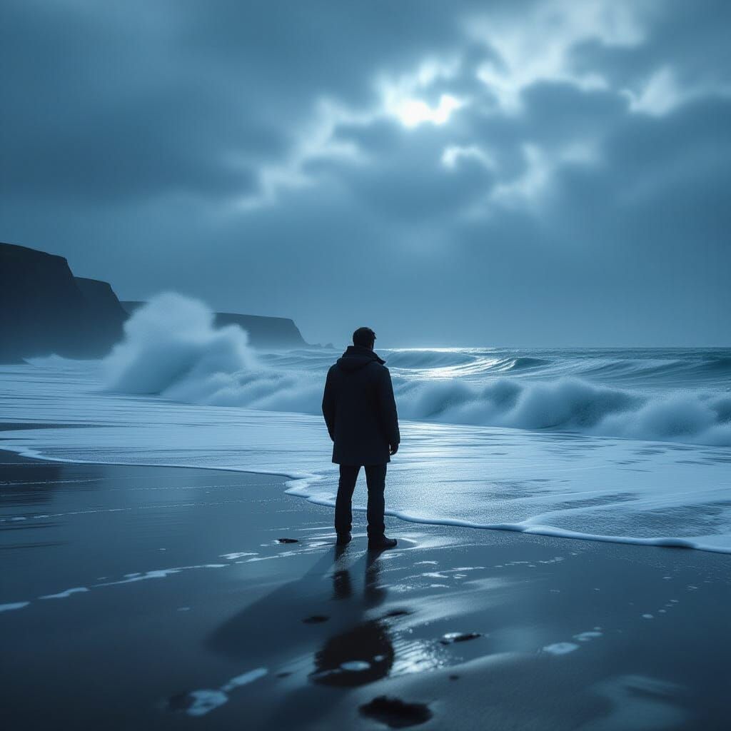 Man Gazes at Stormy Sea on Windswept Beach