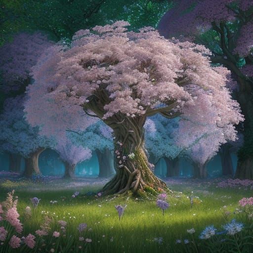 Vibrant Botanical Tree in Whimsical Meadow with Colorful But...