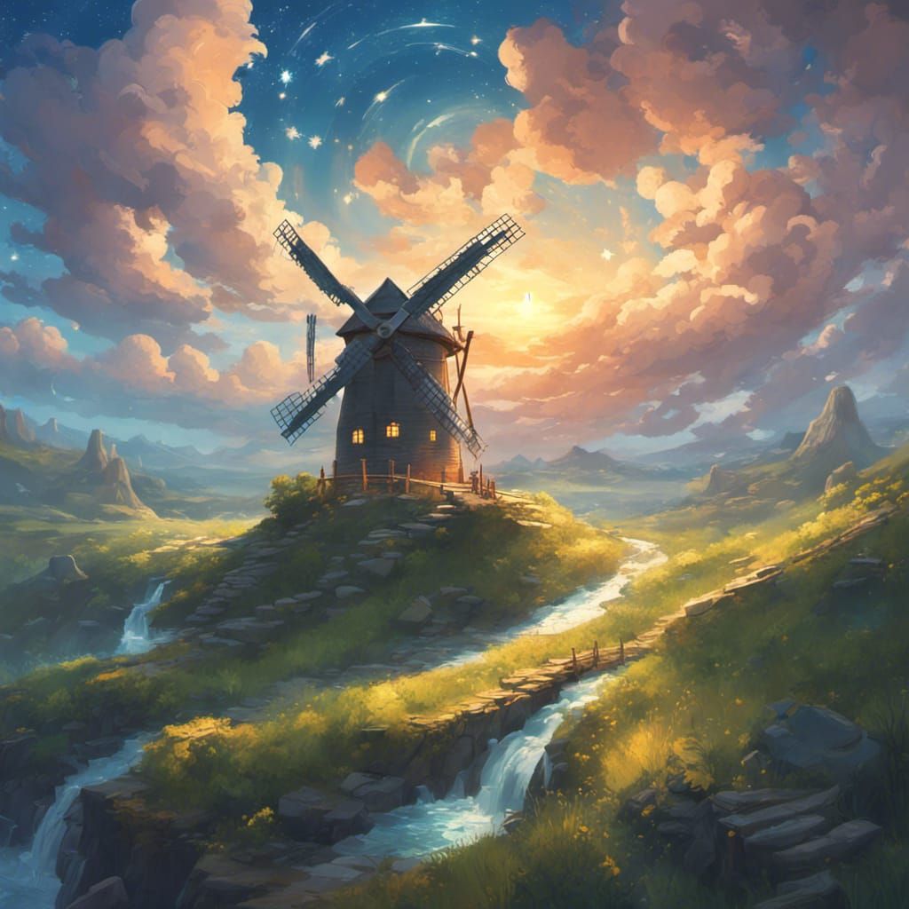 Magical Windmill in Surreal Anime Landscape