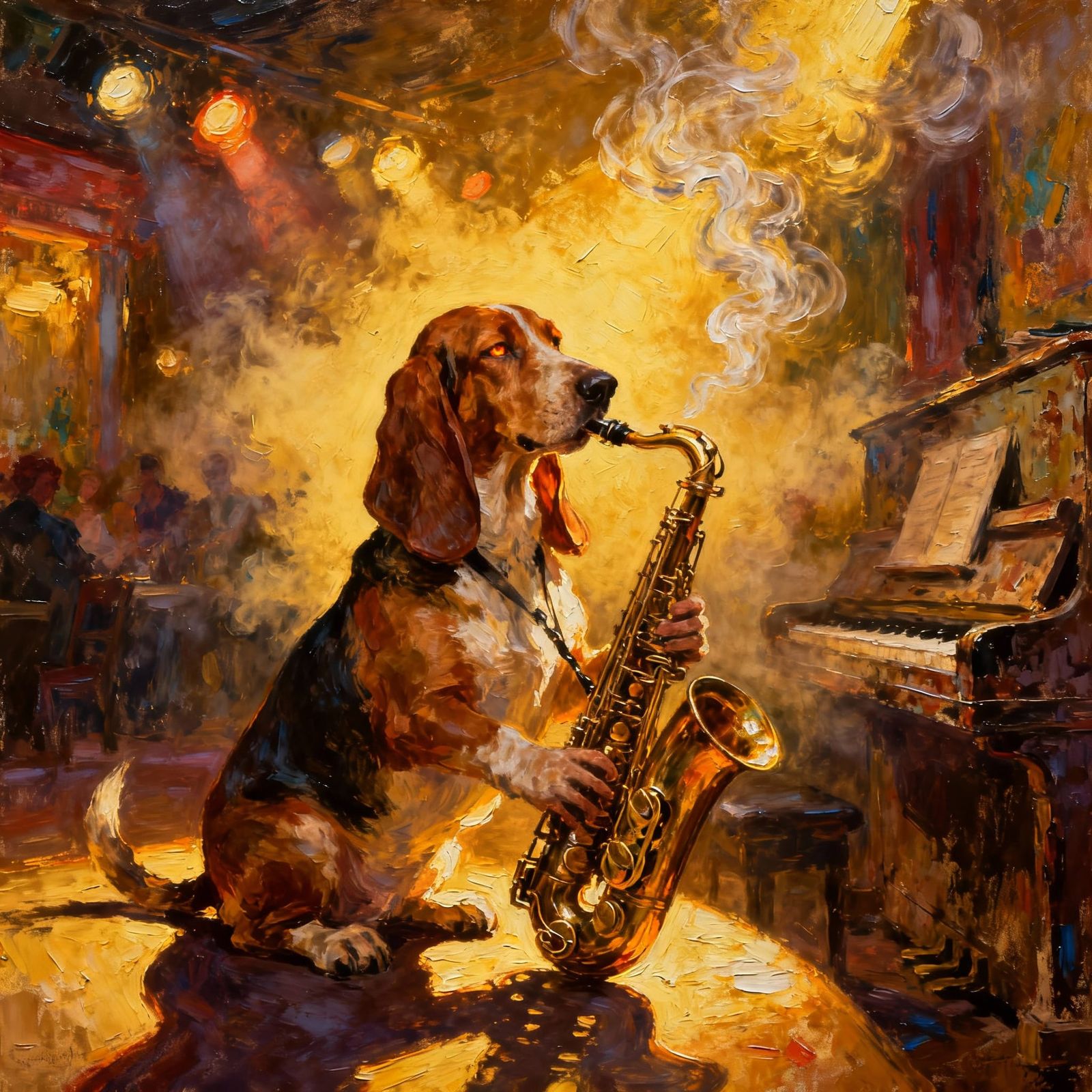 Basset Hound Saxophonist in Smoky Jazz Club Oil Painting
