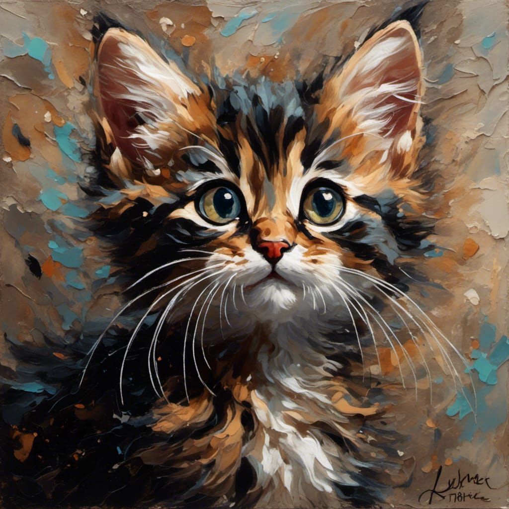Tabby Kitten with Wild Fur, Expressionist Oil Painting