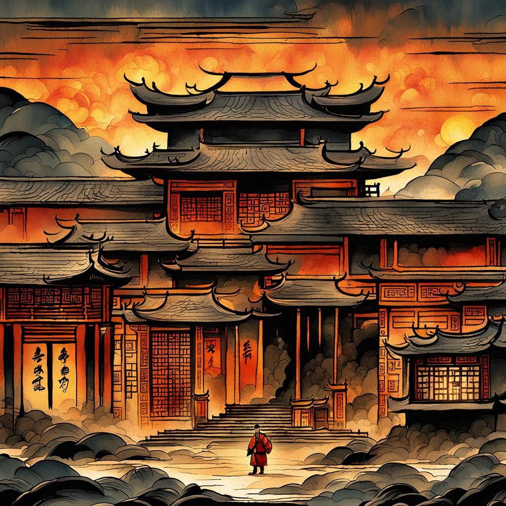 Manhua Illustration of Ancient Chinese Village at Dusk
