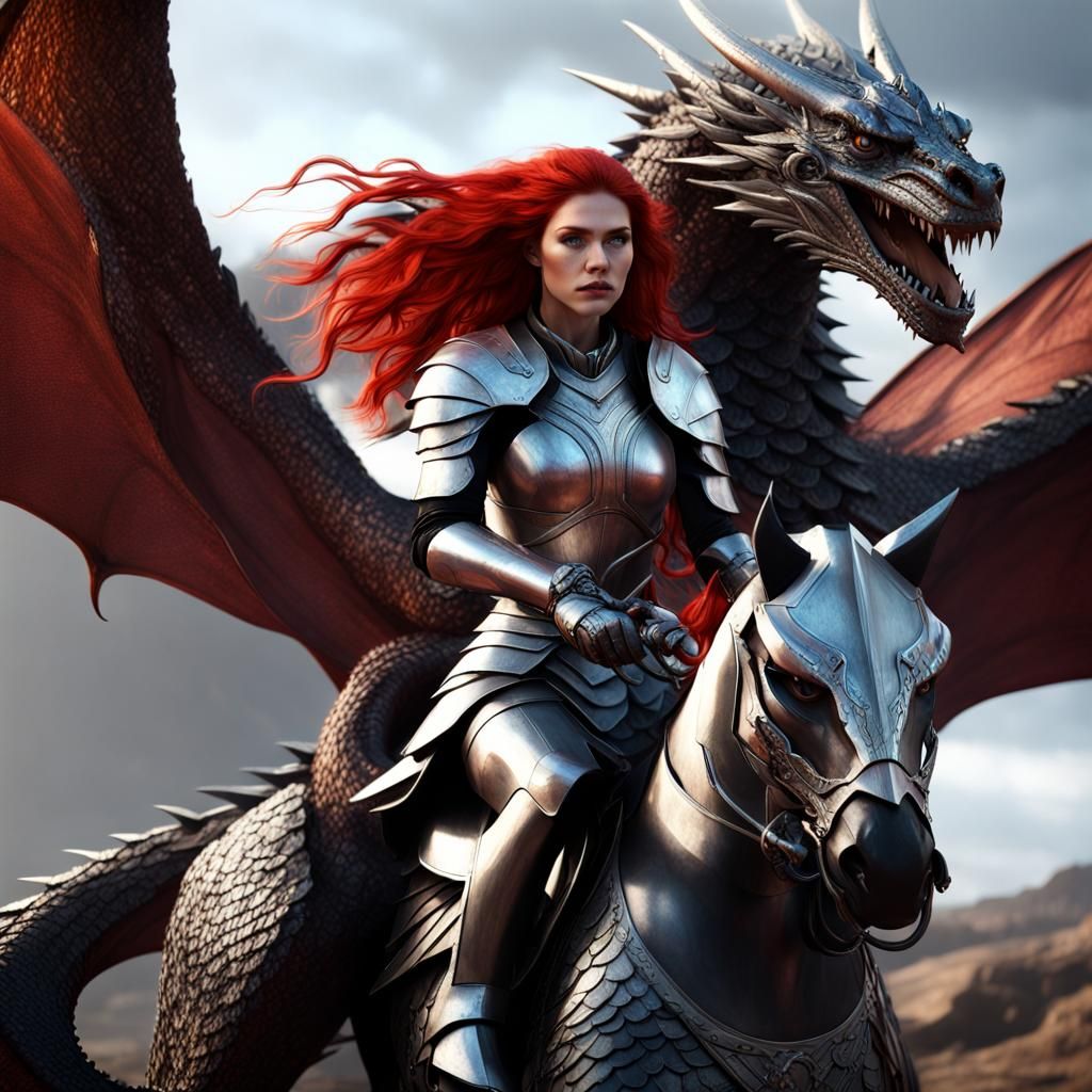 Red-Haired Warrior on Dragon in Silver Armor