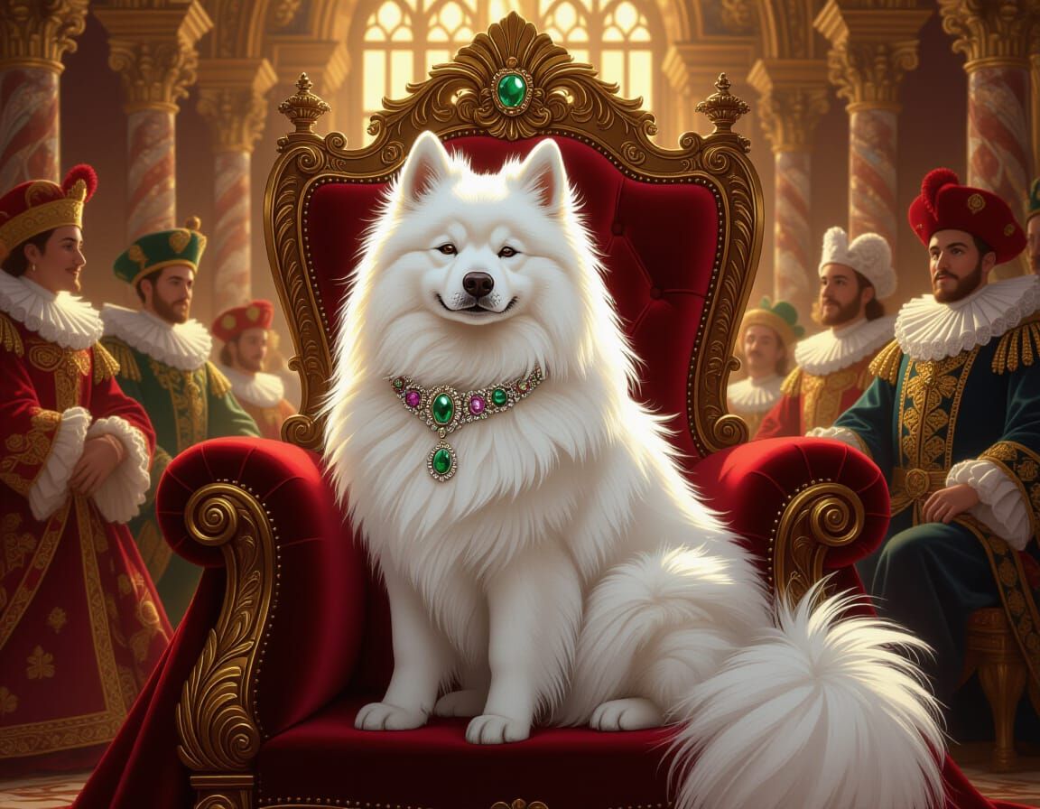 Samoyed Dog on Throne in Baroque Ballroom as Digital Art