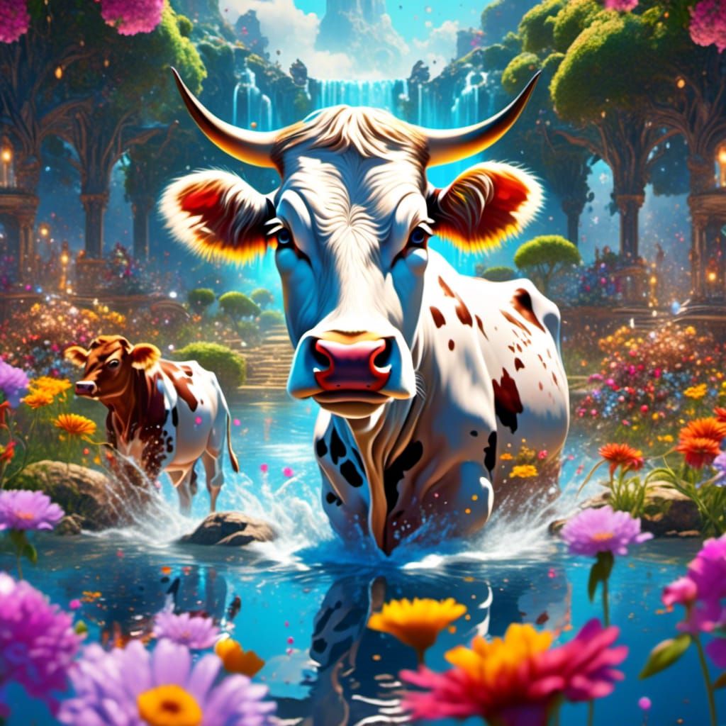 Cow in Milk Fountain: Detailed Matte Painting