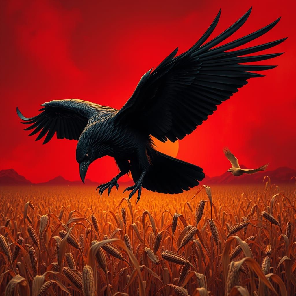 Raven Soaring Over Golden Cornfield in Dark Fantasy Style