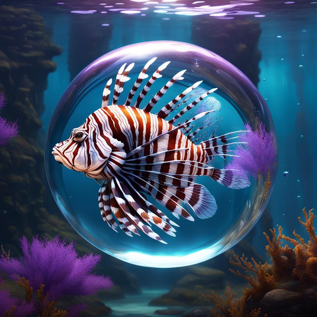 Lionfish in Bubble Before Priestess: Dark Fantasy Art