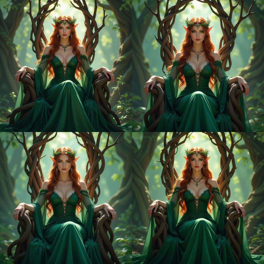 Wood Elf Queen on Forest Throne in Mucha Style