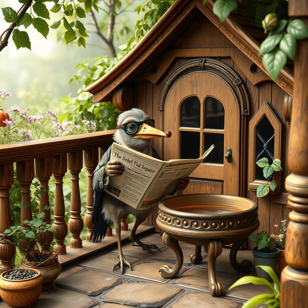Sparrow Reads Newspaper in Whimsical Birdhouse