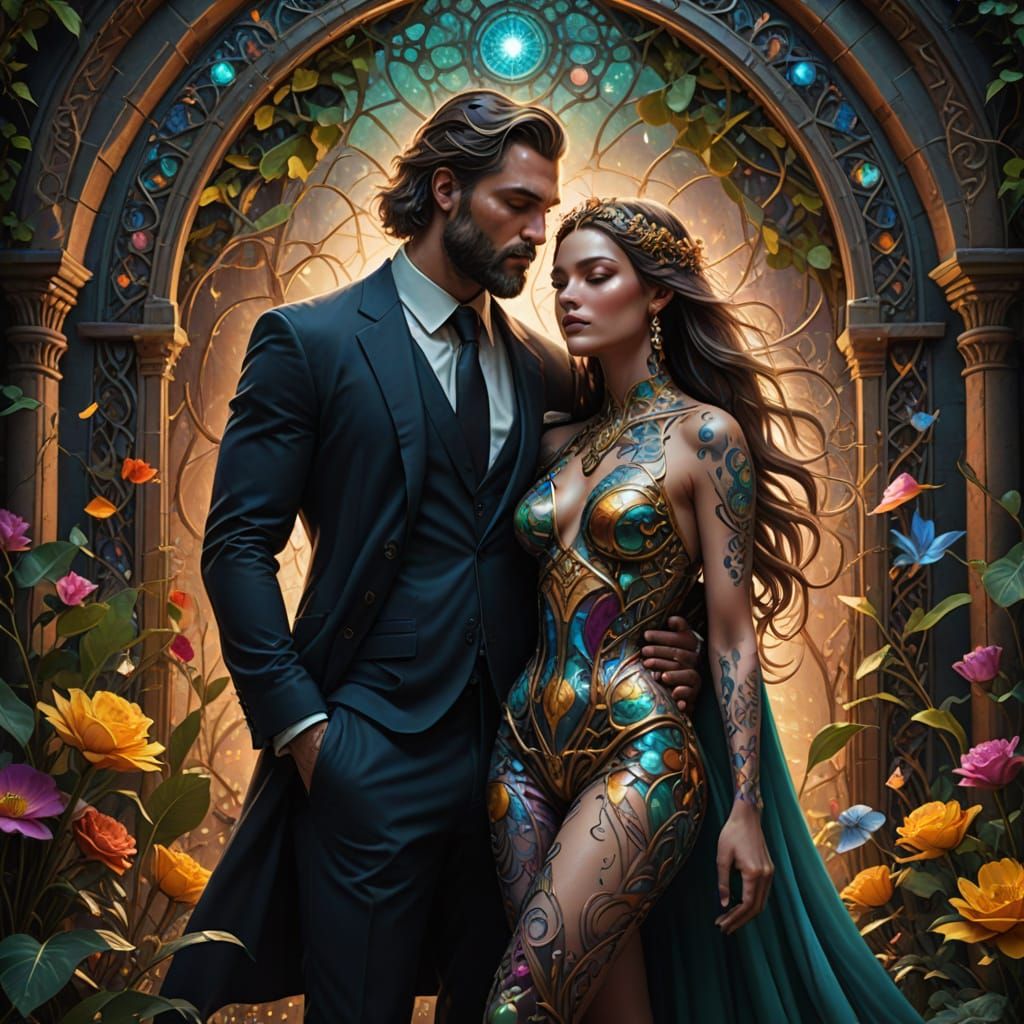 Divine Couple Floating in Cosmic Light, Renaissance Style