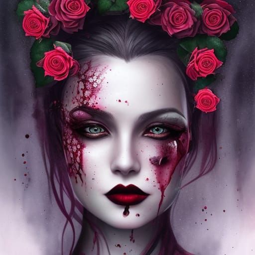 Beautiful Dark Lady with Roses in Watercolor