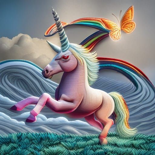 Rainbow Unicorn Running in Butterfly Field