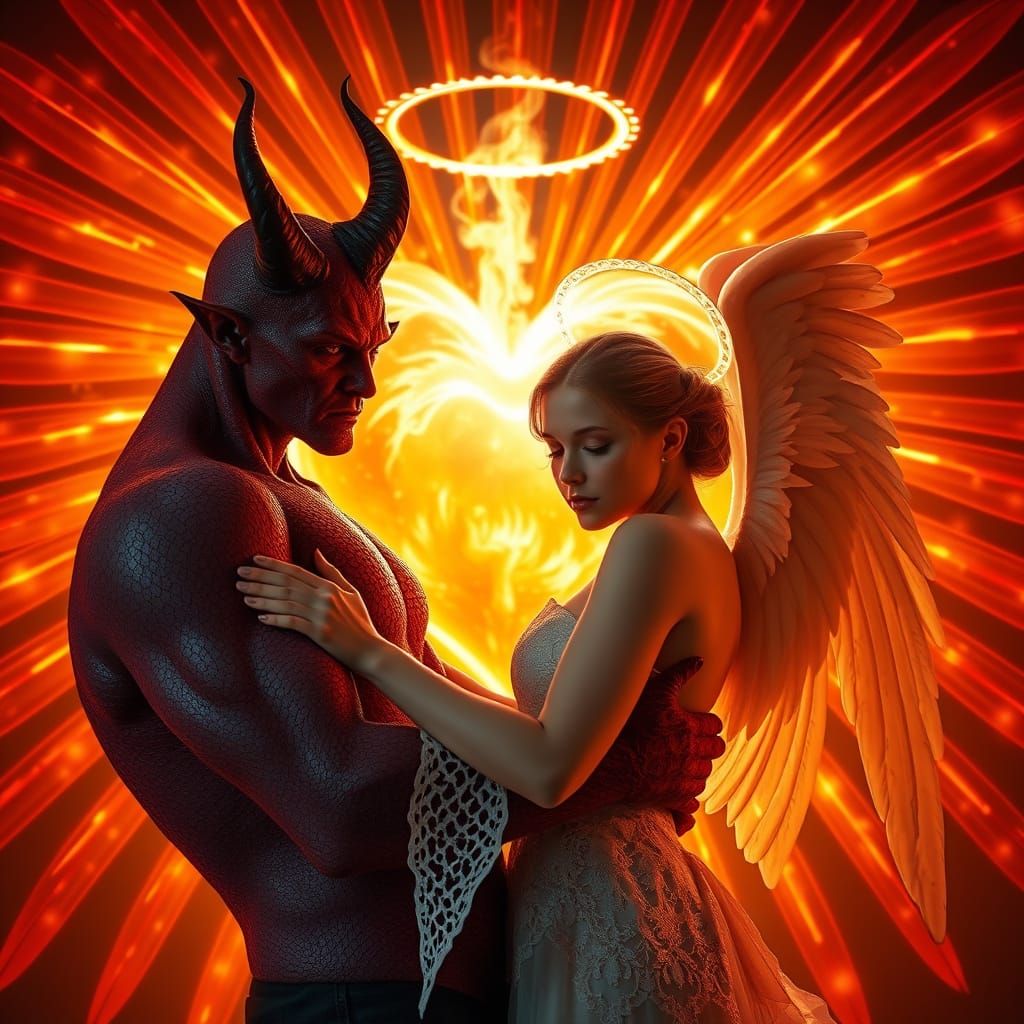 Hyperrealistic Demon and Angel Embrace in a Vibrant, Golden ...