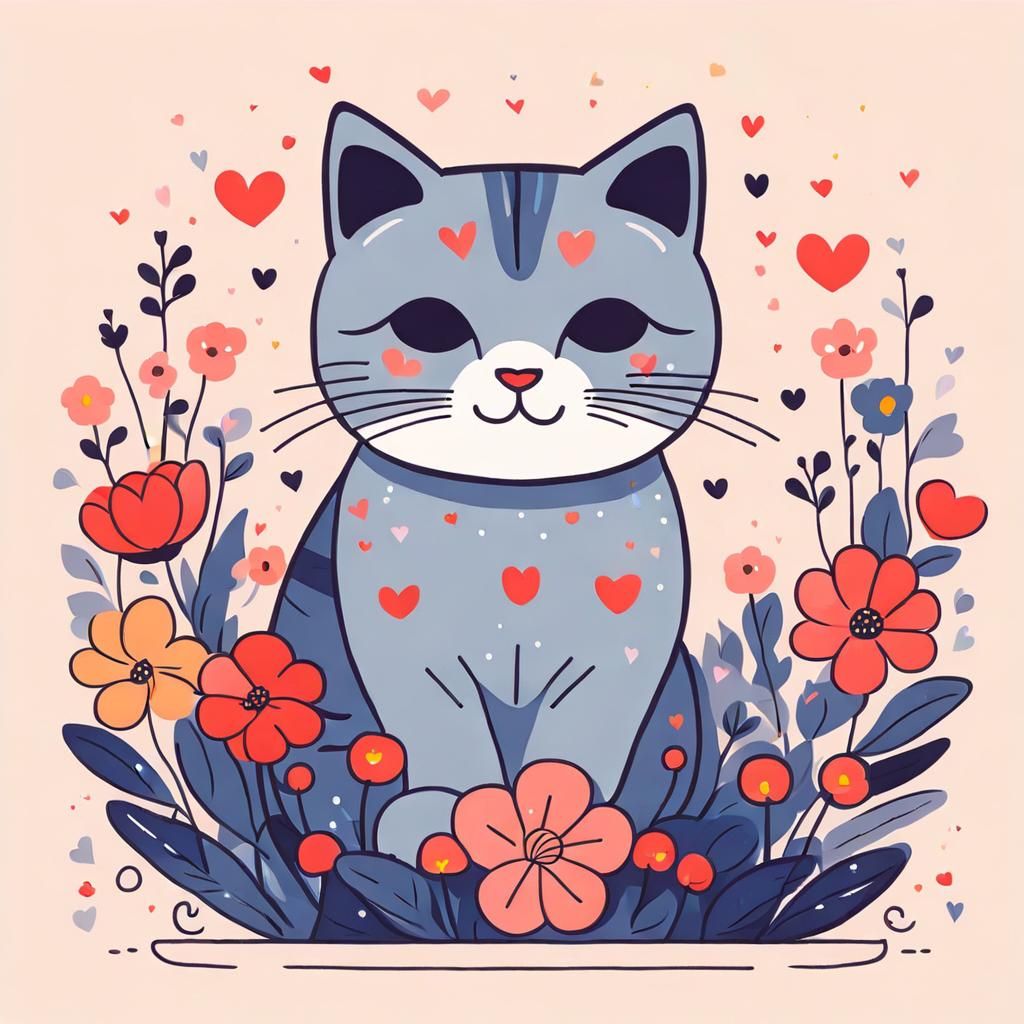 Cute Cat Surrounded by Flowers Illustration