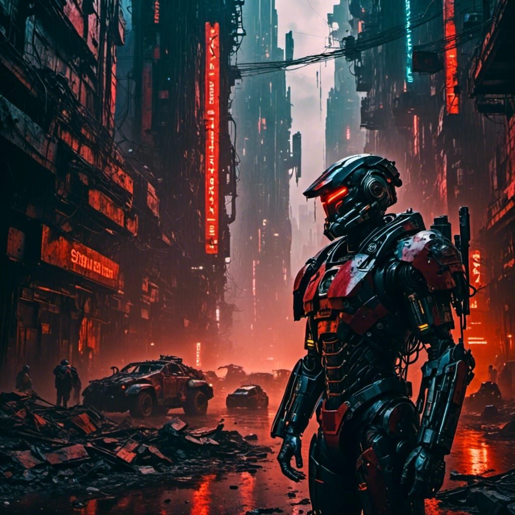 Cyborg Space Marine in Post-Apocalyptic Cyberpunk City