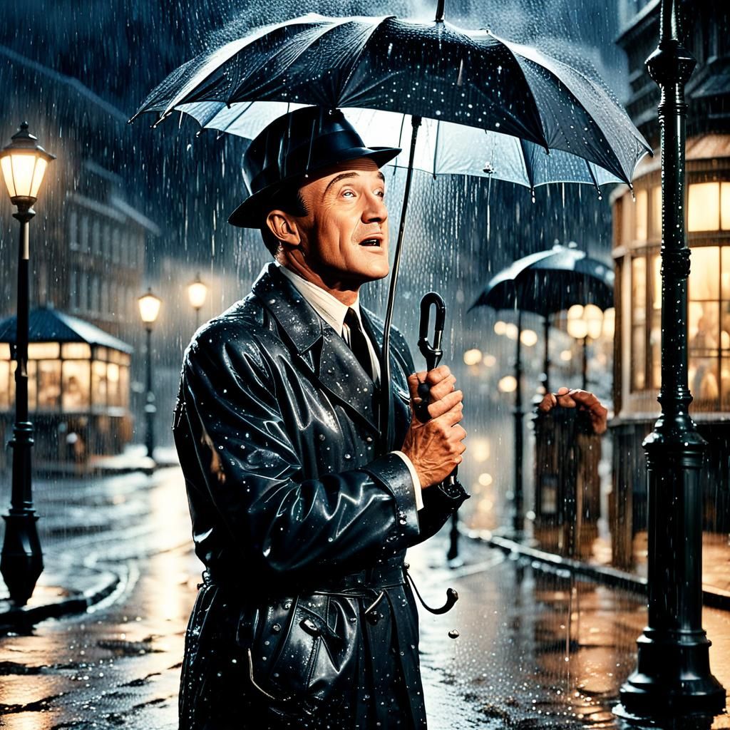 Classic Hollywood Star Shines in Rainy Night Scene