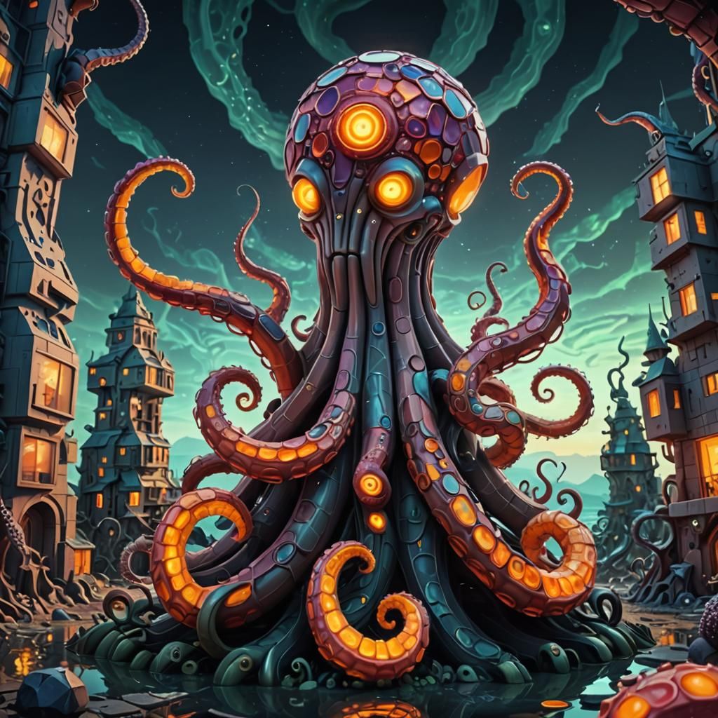 Surreal Glowing Cubist Tentacle Golem