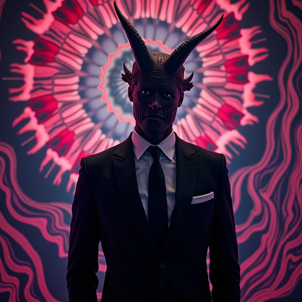 Psychedelic Suited Devil with Horns in Neon Lights