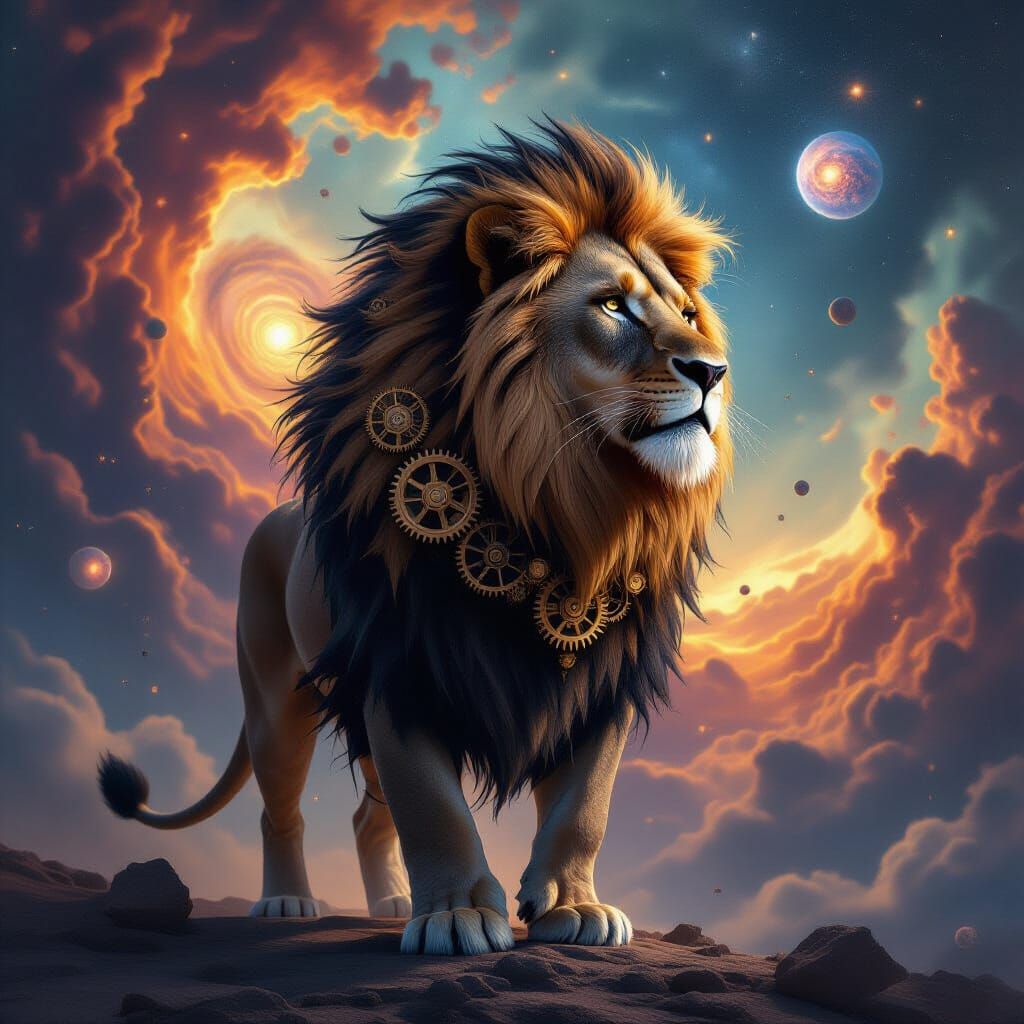 Clockwork Lion Against Cosmic Nebula in Epic Fantasy Style