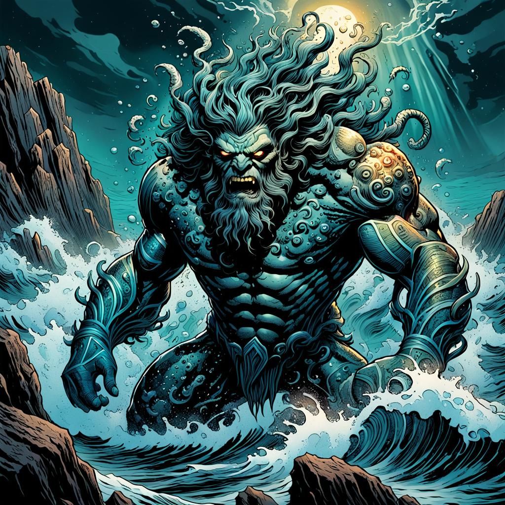 Grotesque Poseidon Emerges: Dark Comic Book Art