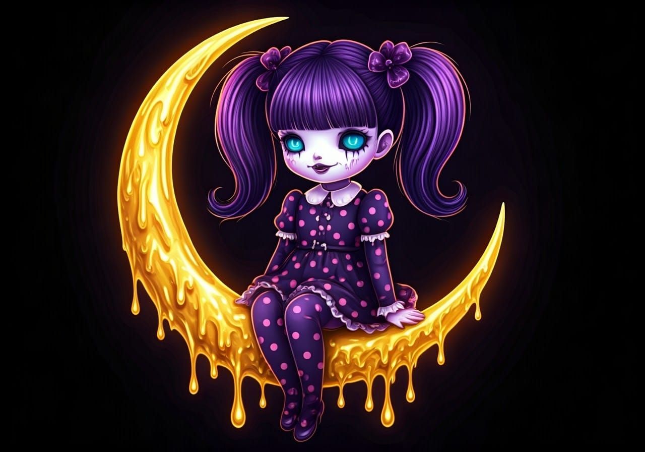 Neon Kawaii Girl on Dripping Gold Moon