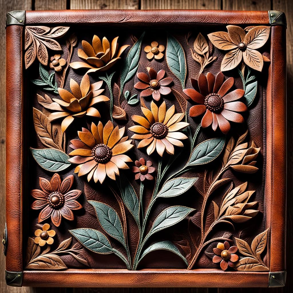 Leather Flowers in Vintage Wooden Box