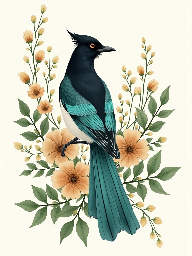 Magpie in Floral Vintage Art Watercolor Illustration