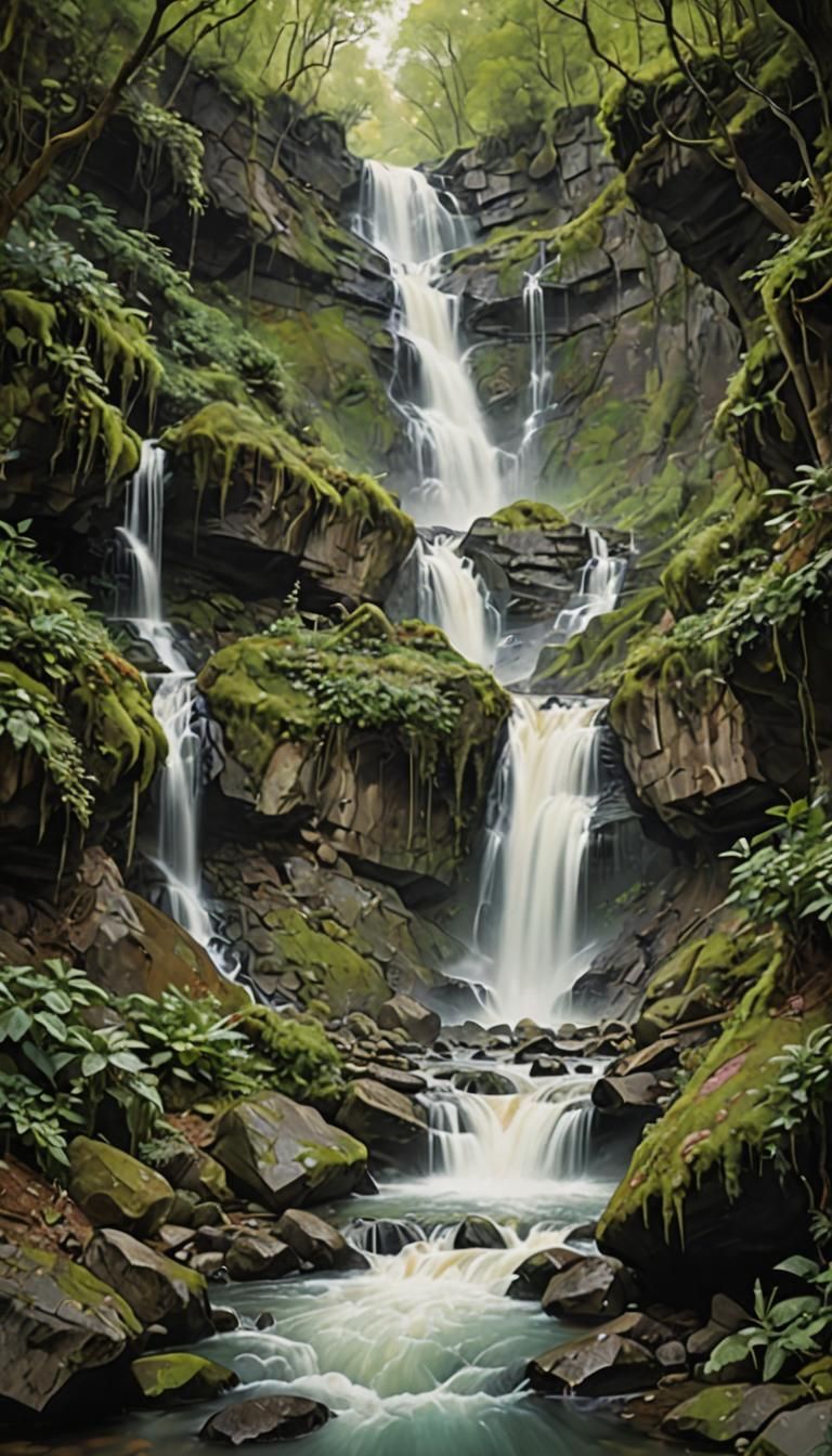 Surreal Waterfall Landscape in Moebius Style