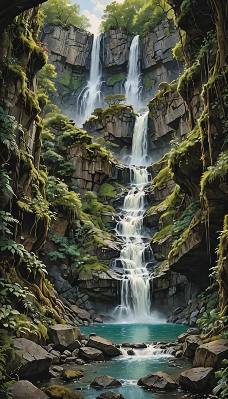 Surreal Waterfall in a Dystopian Landscape