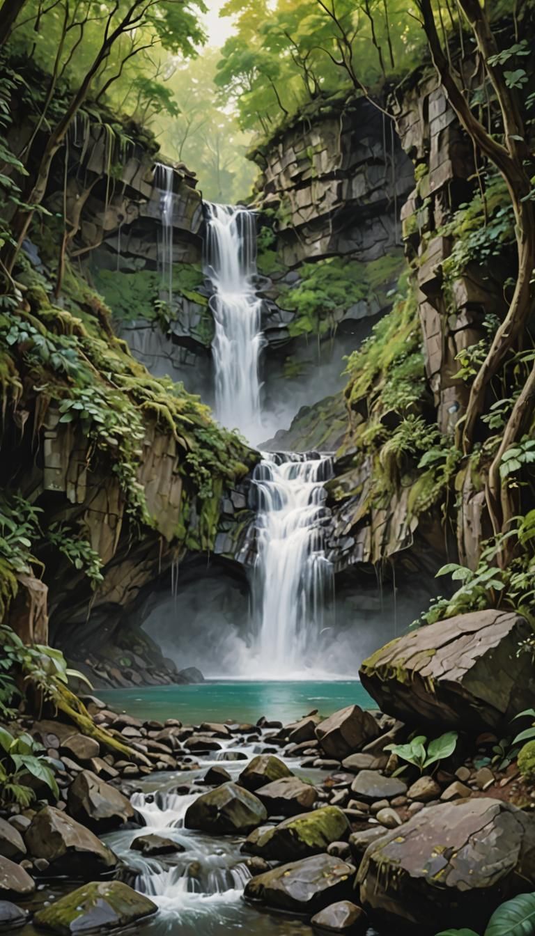 Surreal Waterfall: Geiger, Escher, and Burton Influences