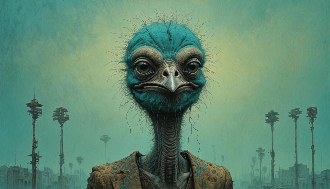 Surreal Ostrich Phone Grinning, in Beksiński Style