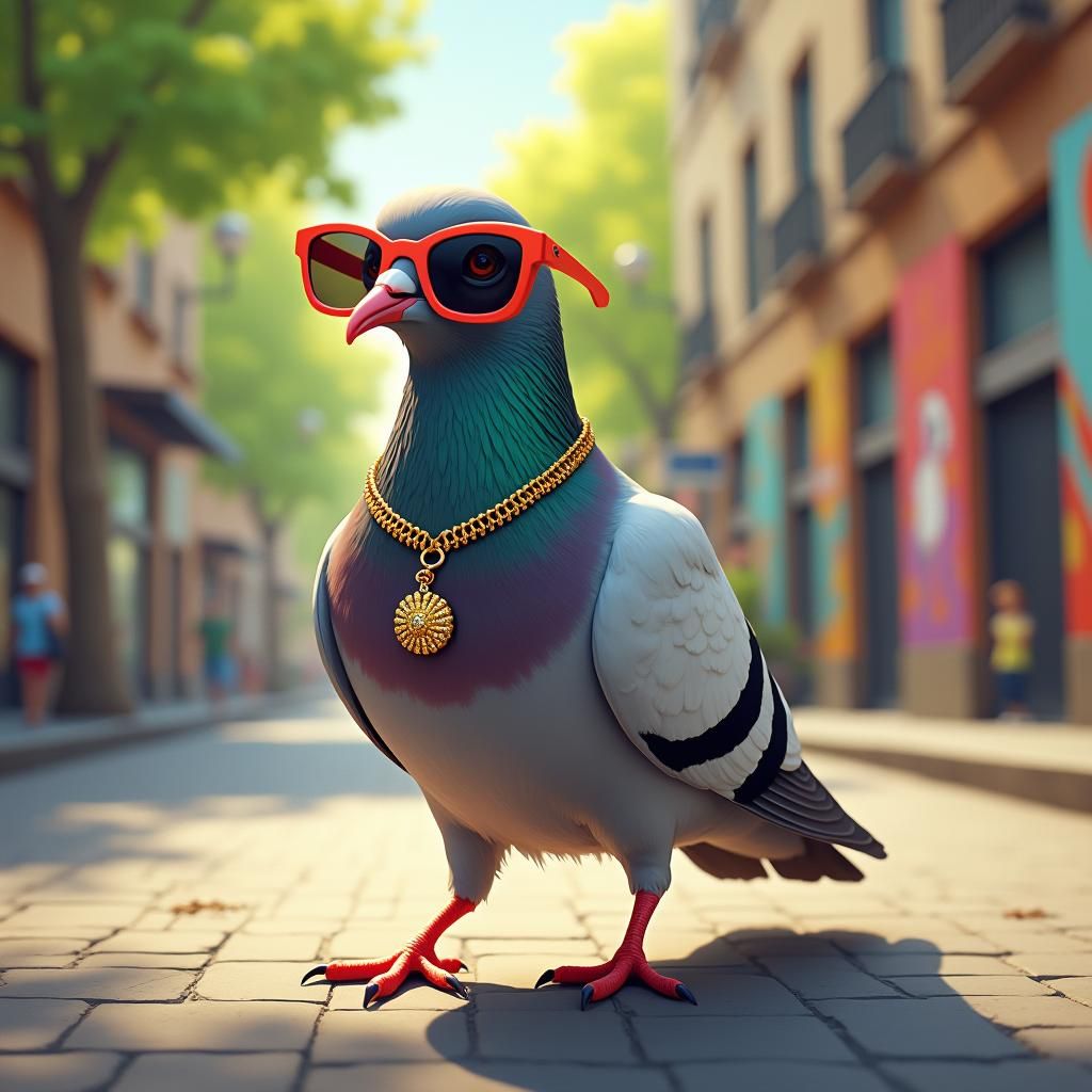 Stylish Pigeon in Sunglasses Strutting Down City Street