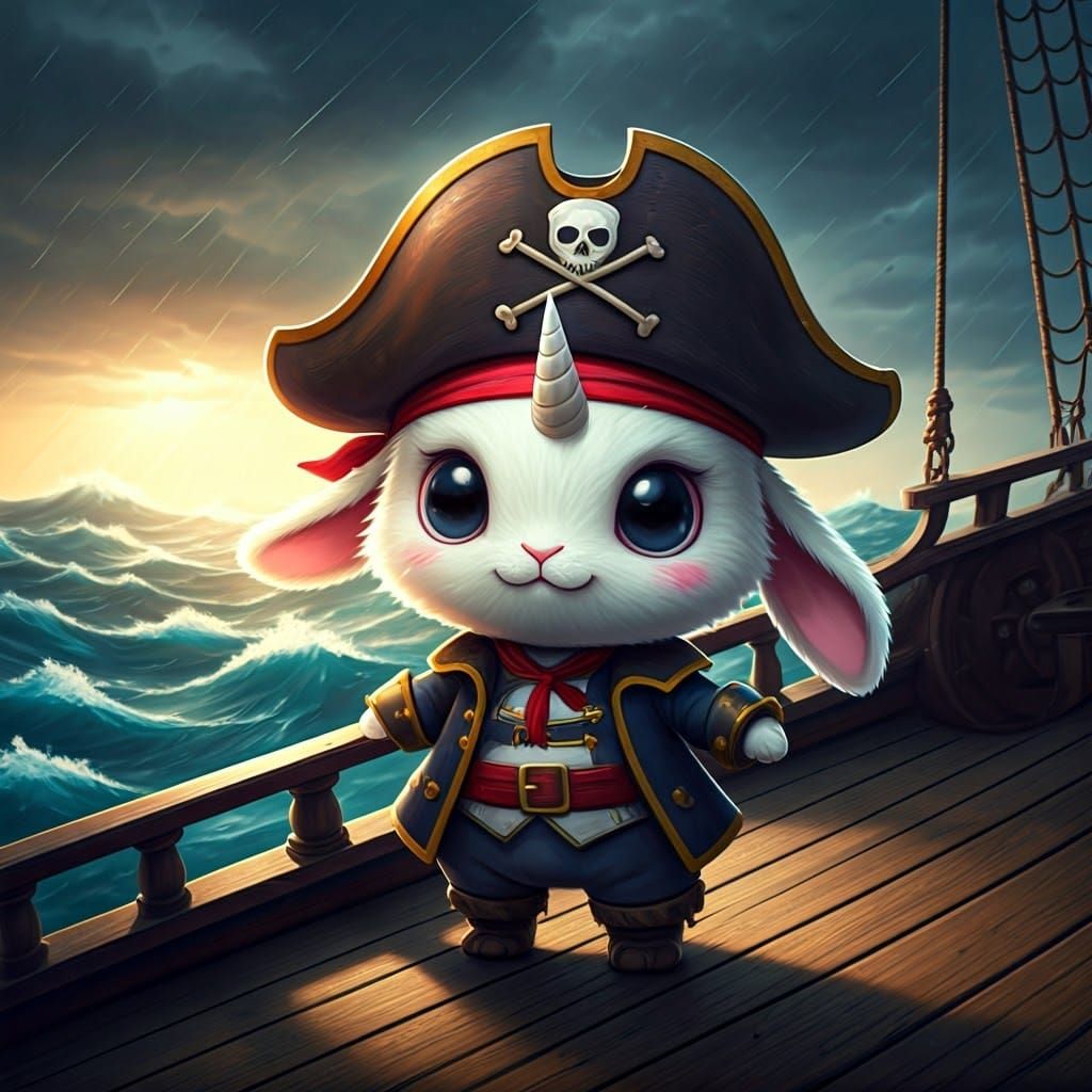 Cute Pirate Unicorn Bunny on Stormy Seas
