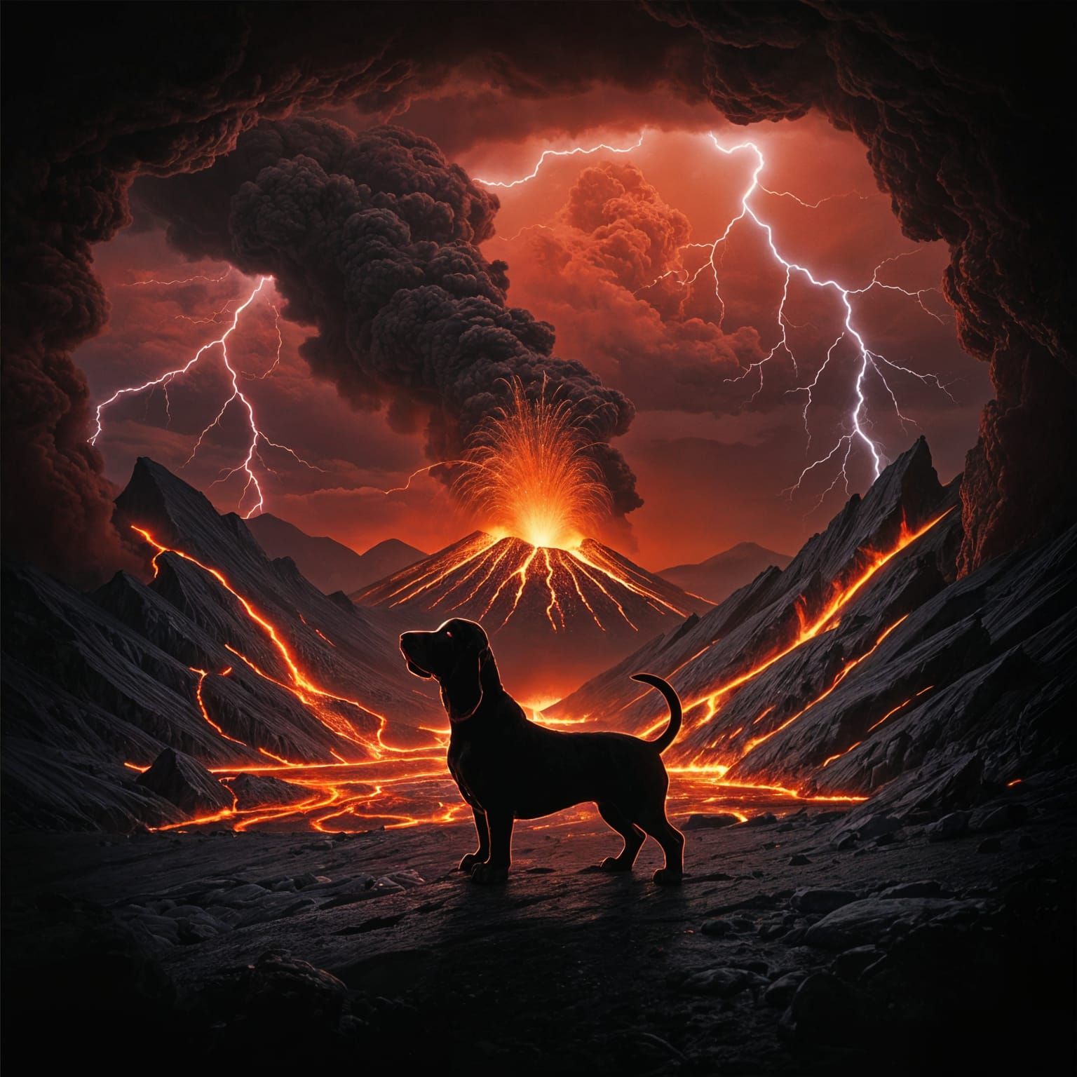 Basset Hound Silhouette Against Erupting Lava and Stormy Sky