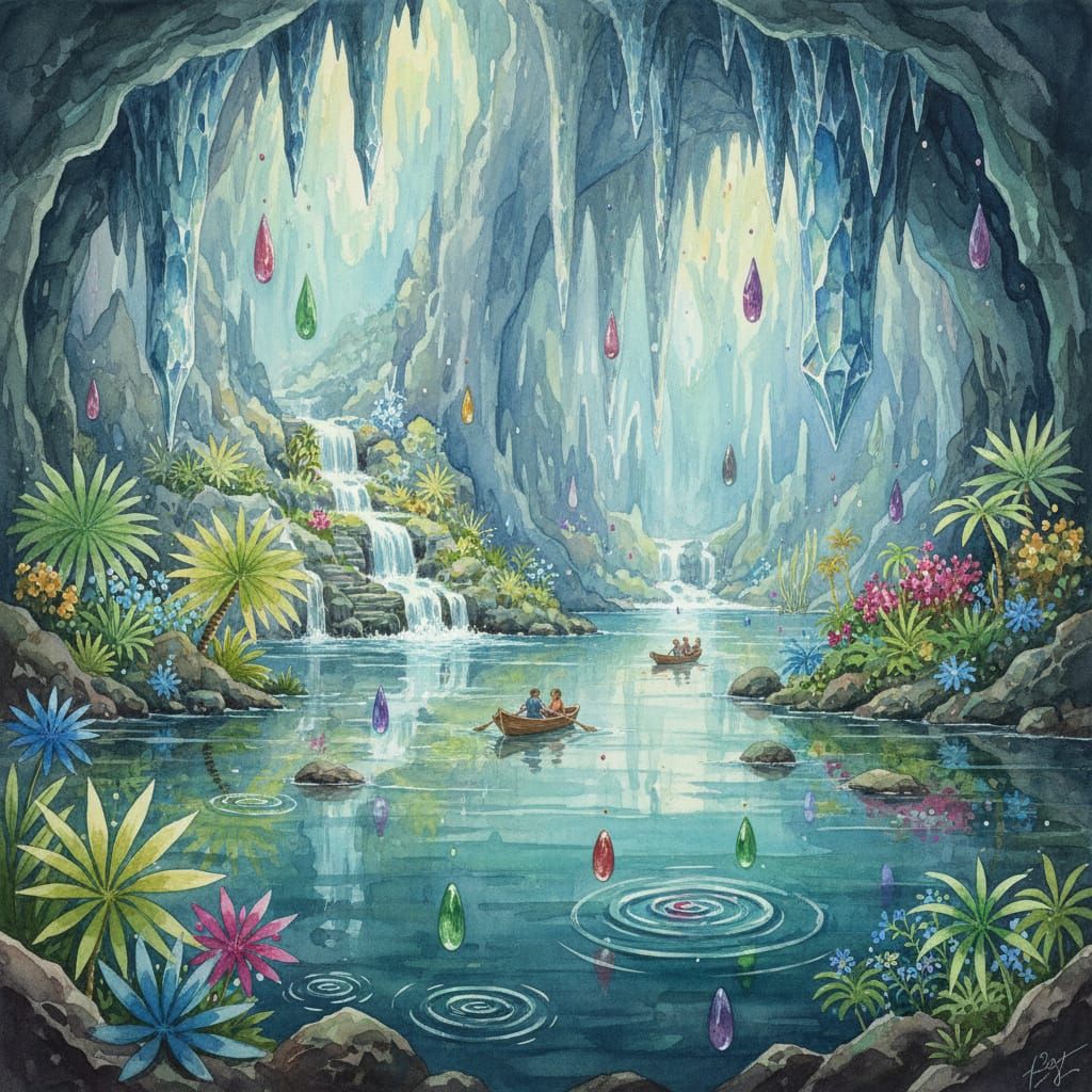 Watercolor Cave Painting: Diamond Cavern with Turquoise Wate...