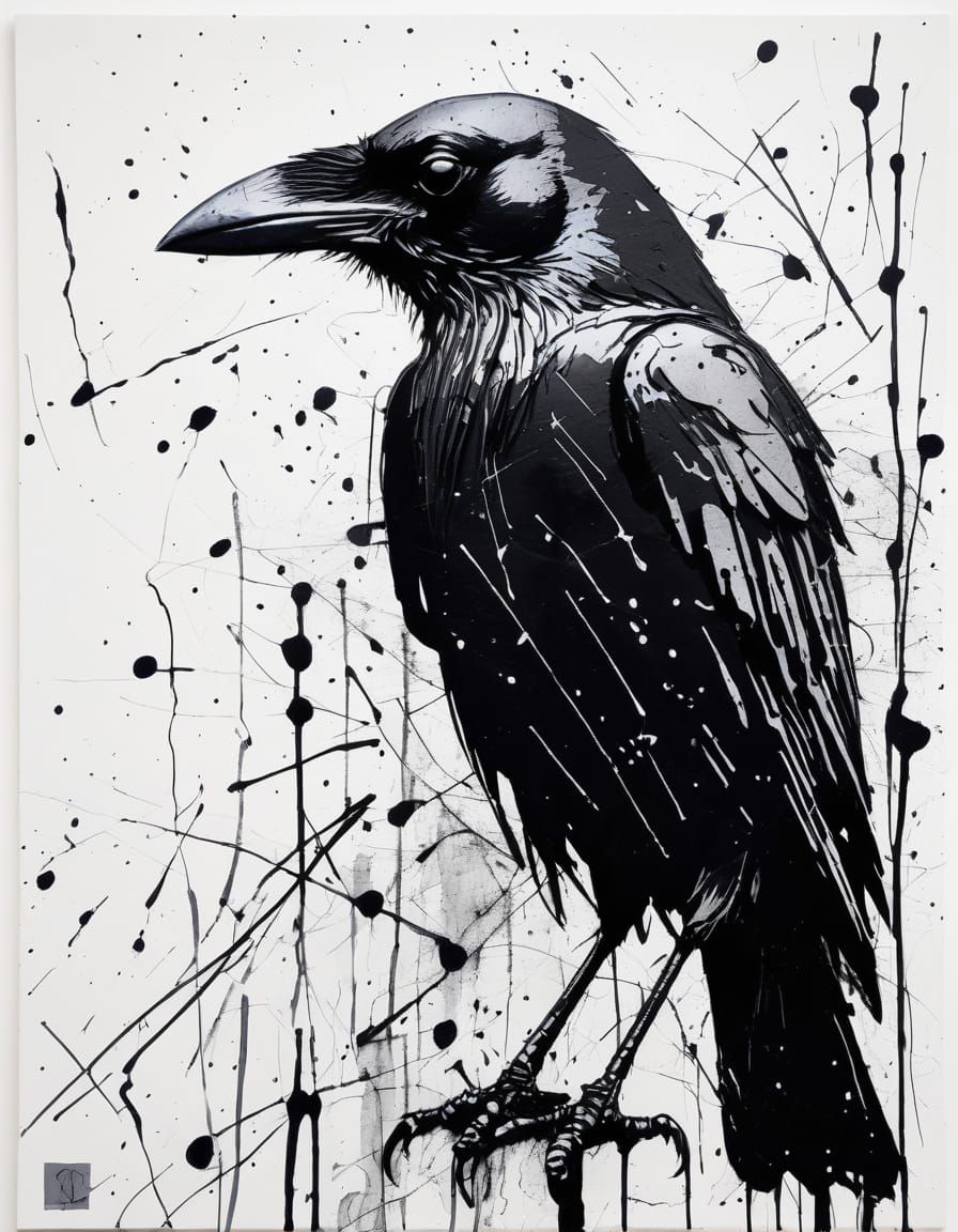 Monochrome Crow Portrait in Art Brut Style