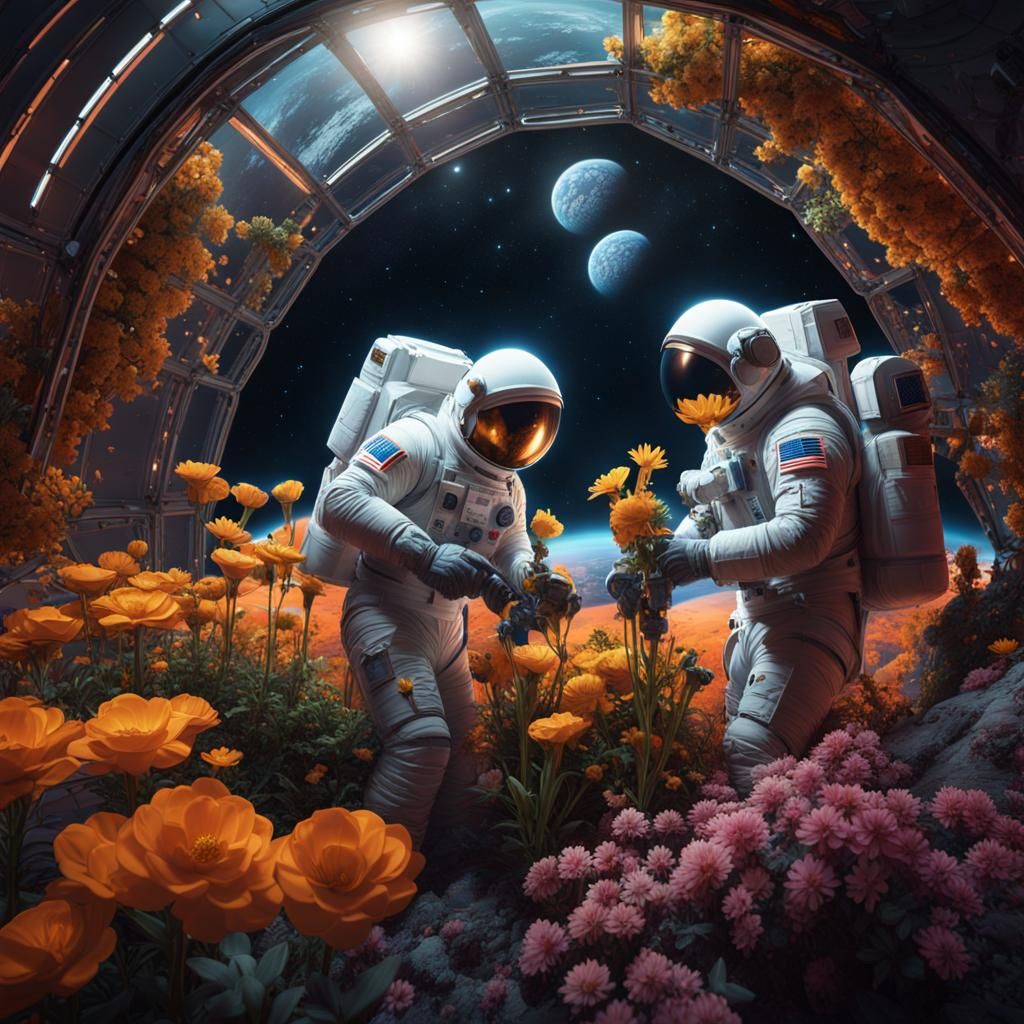 Astronauts Tend Lunar Flowers: Detailed Matte Painting