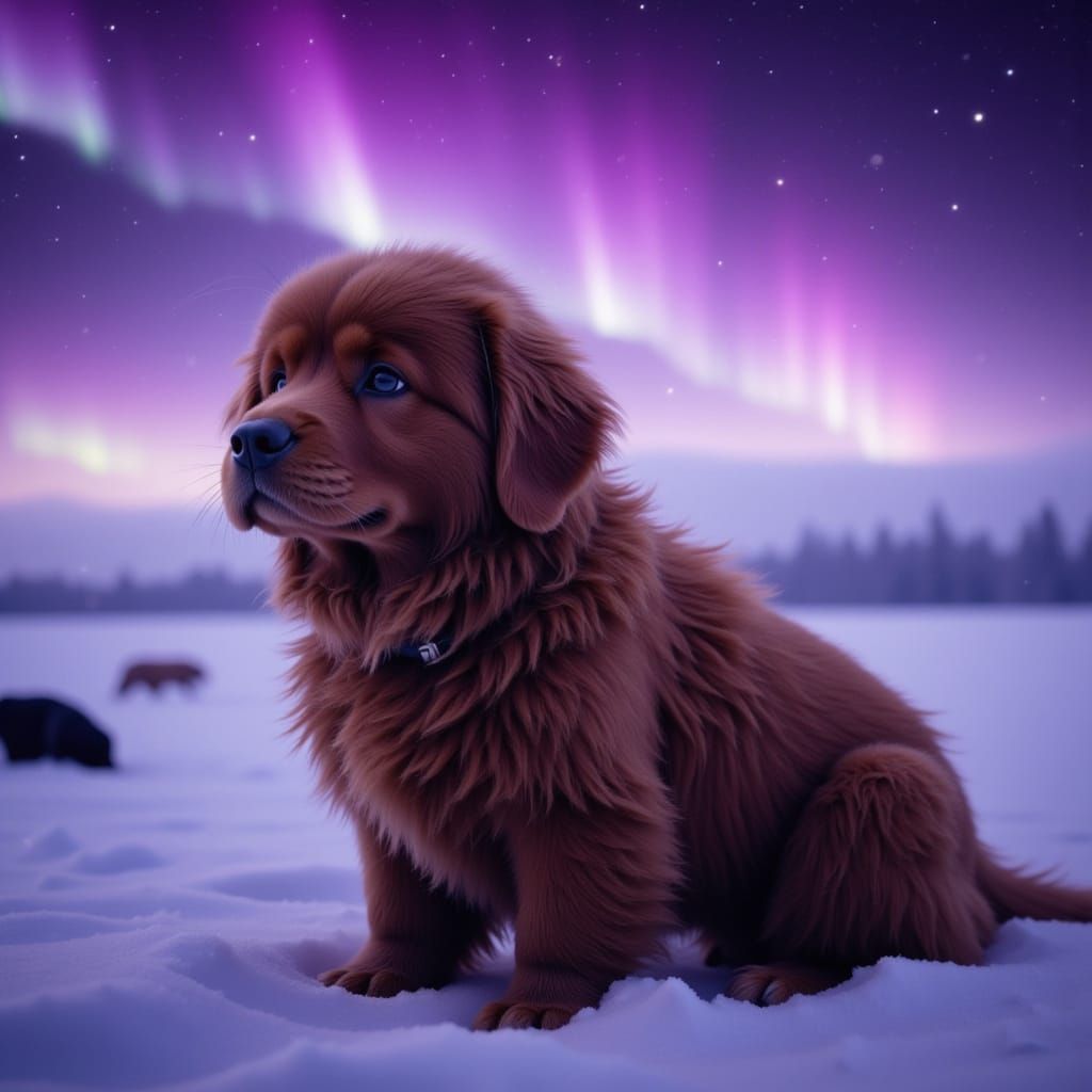 Newfoundland Dog Under Purple Aurora Sky