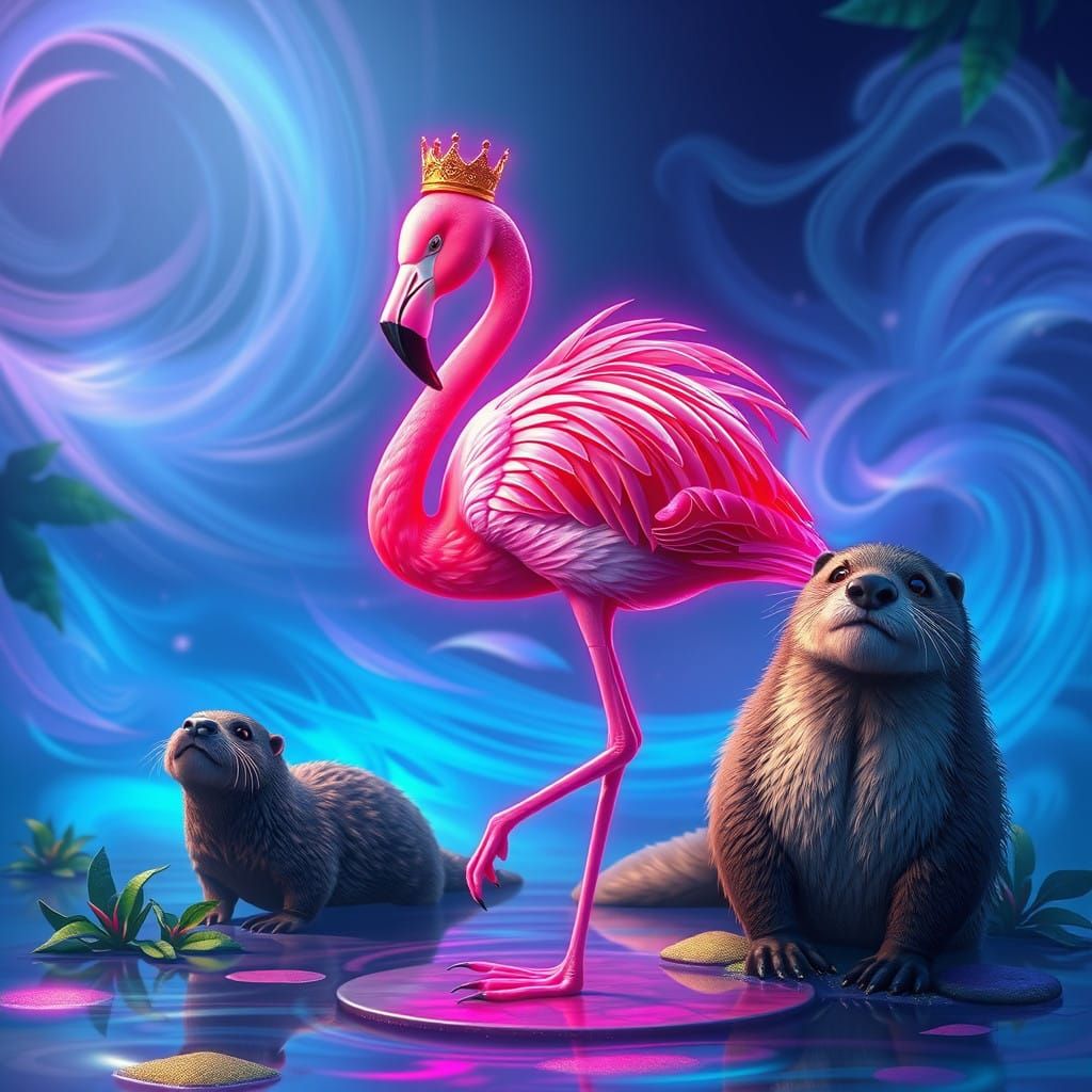 Vibrant Neon Flamingo in Dreamy, High-Fantasy Landscape